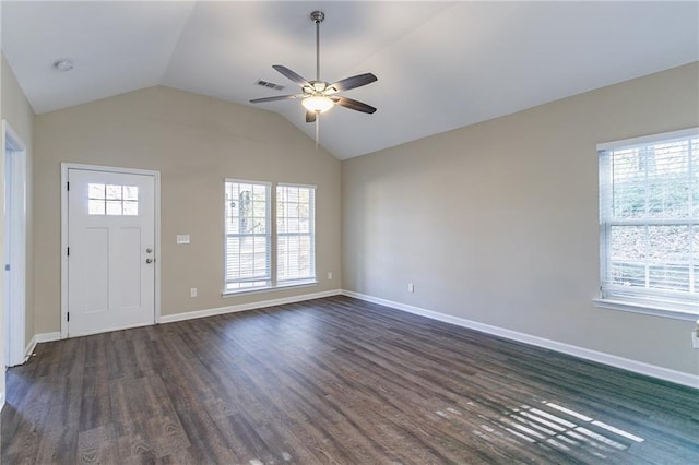 entryway featuring ceiling fan, dark wood-type flooring, and vaulted ceiling