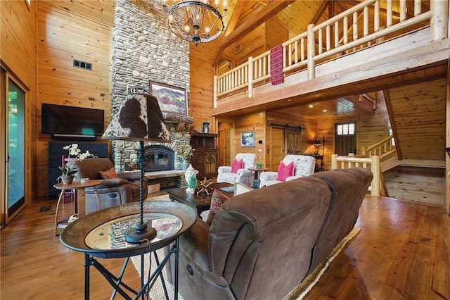 147 Lake Watch Pt, Cleveland, GA 30528 - living room featuring wood walls, high vaulted ceiling, hardwood / wood-style floors, wooden ceiling, and a stone fireplace