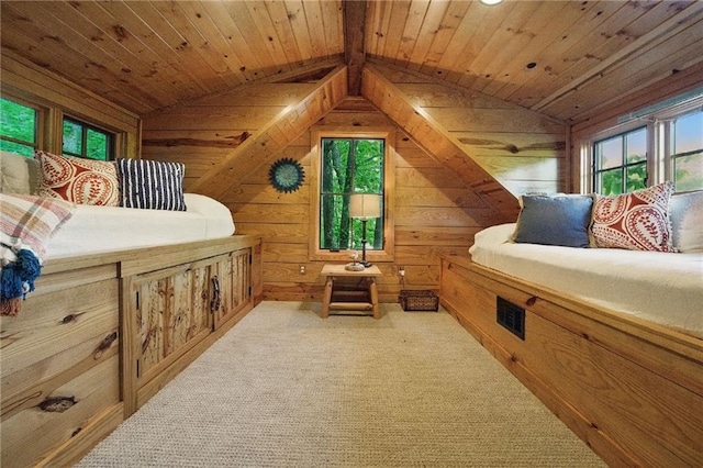 147 Lake Watch Pt, Cleveland, GA 30528 - carpeted bedroom featuring wood walls, vaulted ceiling, and wooden ceiling