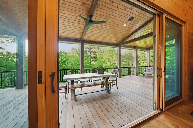 147 Lake Watch Pt, Cleveland, GA 30528 - sunroom featuring outdoor dining area, a ceiling fan, beamed ceiling, and plenty of natural light