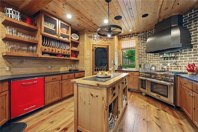 147 Lake Watch Pt, Cleveland, GA 30528 - kitchen featuring open shelves, double oven range, wall chimney range hood, wooden ceiling, and light wood-style floors