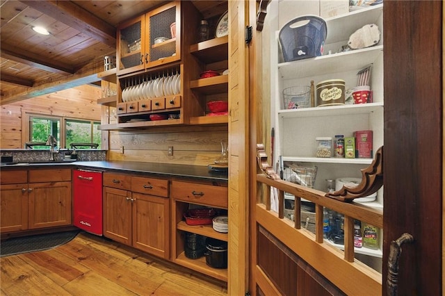 147 Lake Watch Pt, Cleveland, GA 30528 - kitchen with open shelves, wooden ceiling, light wood-style flooring, brown cabinetry, and beam ceiling