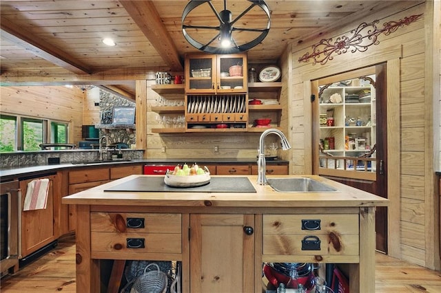 147 Lake Watch Pt, Cleveland, GA 30528 - kitchen with open shelves, a sink, wood ceiling, an island with sink, and beam ceiling