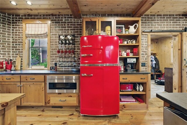147 Lake Watch Pt, Cleveland, GA 30528 - kitchen featuring open shelves, wooden ceiling, light wood-style flooring, beam ceiling, and refrigerator