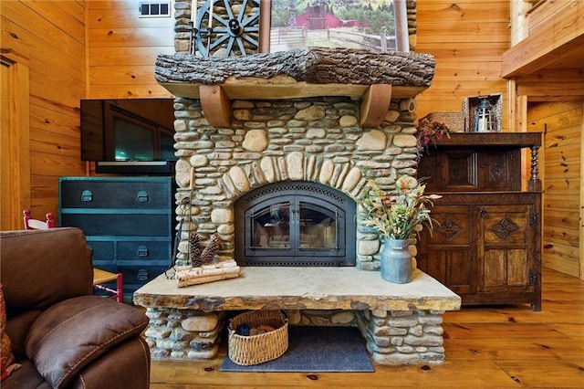 147 Lake Watch Pt, Cleveland, GA 30528 - detailed view of wood finished floors, wooden walls, and a fireplace