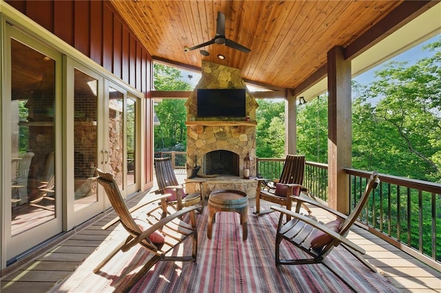 147 Lake Watch Pt, Cleveland, GA 30528 - wooden deck with an outdoor stone fireplace and ceiling fan