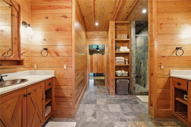 147 Lake Watch Pt, Cleveland, GA 30528 - full bath with wooden ceiling, wooden walls, a shower stall, and vanity