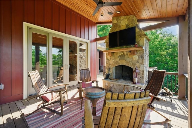 147 Lake Watch Pt, Cleveland, GA 30528 - wooden deck featuring an outdoor stone fireplace, french doors, and ceiling fan