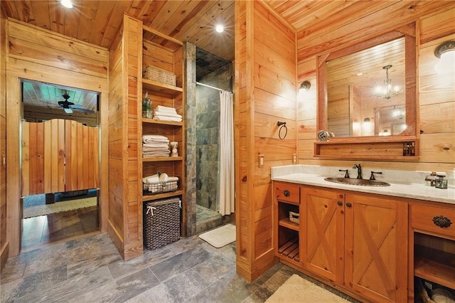 147 Lake Watch Pt, Cleveland, GA 30528 - full bath with wood walls, a stall shower, wood ceiling, and vanity