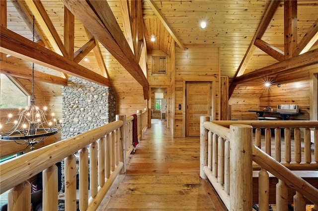 147 Lake Watch Pt, Cleveland, GA 30528 - corridor with a chandelier, an upstairs landing, wood walls, high vaulted ceiling, and wood ceiling