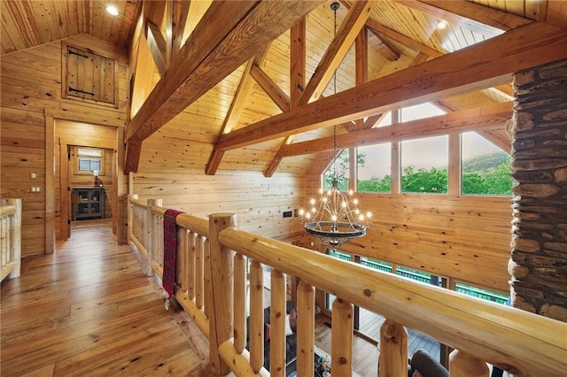 147 Lake Watch Pt, Cleveland, GA 30528 - hall with high vaulted ceiling, a chandelier, wooden walls, wood ceiling, and light wood finished floors