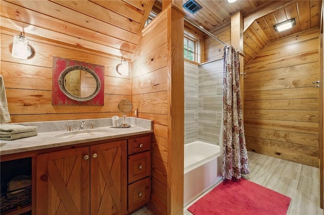 147 Lake Watch Pt, Cleveland, GA 30528 - full bathroom featuring wooden walls, vanity, shower / bath combo, wooden ceiling, and wood finished floors