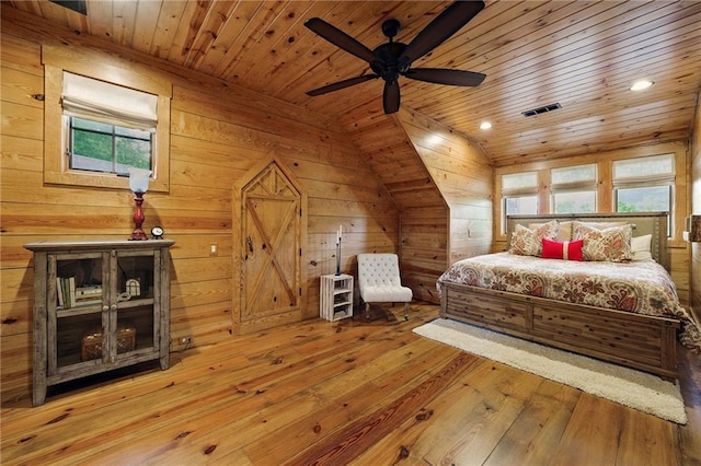 147 Lake Watch Pt, Cleveland, GA 30528 - bedroom with wood ceiling, hardwood / wood-style flooring, wooden walls, and lofted ceiling