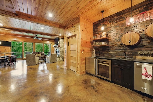 147 Lake Watch Pt, Cleveland, GA 30528 - indoor bar featuring dishwasher, wood walls, beverage cooler, wood ceiling, and finished concrete floors