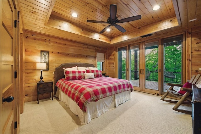 147 Lake Watch Pt, Cleveland, GA 30528 - carpeted bedroom featuring wooden ceiling, wooden walls, access to outside, recessed lighting, and a raised ceiling