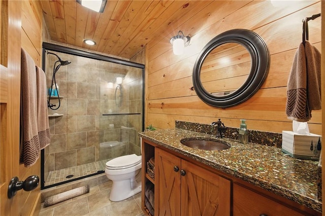 147 Lake Watch Pt, Cleveland, GA 30528 - full bathroom with a stall shower, vanity, toilet, wooden walls, and tile patterned floors