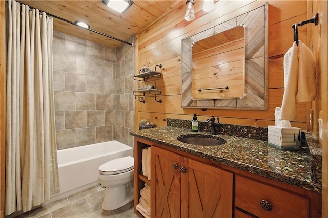 147 Lake Watch Pt, Cleveland, GA 30528 - full bathroom featuring toilet, vanity, shower / tub combo with curtain, wood walls, and wood ceiling
