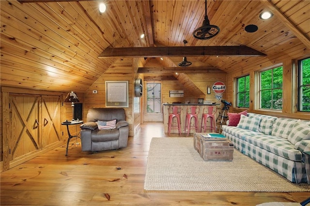 147 Lake Watch Pt, Cleveland, GA 30528 - living room with wooden ceiling, light wood-style flooring, wood walls, and recessed lighting