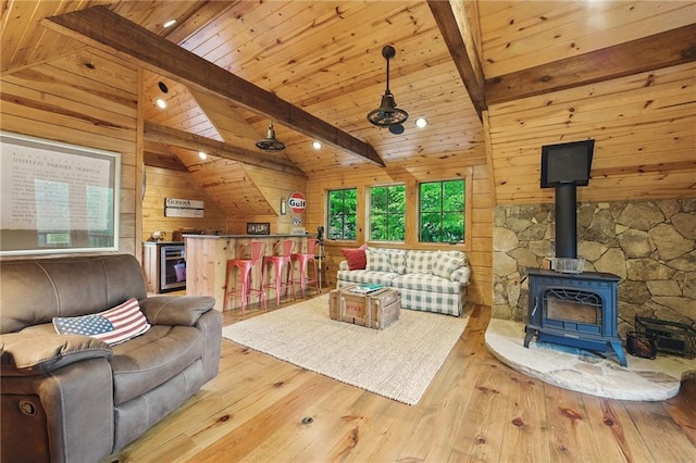 147 Lake Watch Pt, Cleveland, GA 30528 - living room with wood walls, wooden ceiling, hardwood / wood-style flooring, and a wood stove
