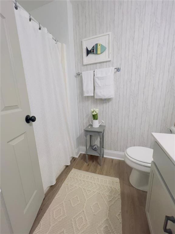 bathroom featuring hardwood / wood-style flooring, toilet, and vanity