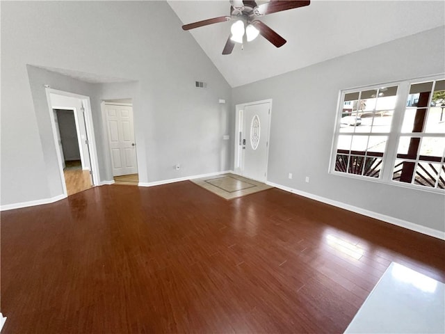 unfurnished room featuring ceiling fan, hardwood / wood-style floors, and high vaulted ceiling