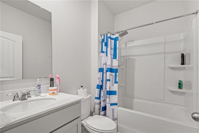 full bathroom with toilet, vanity, and shower / tub combo with curtain