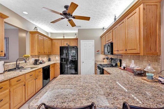 17 Sassafras Trl NE, Cartersville, GA 30121 - kitchen with black appliances, a peninsula, backsplash, light stone countertops, and a ceiling fan