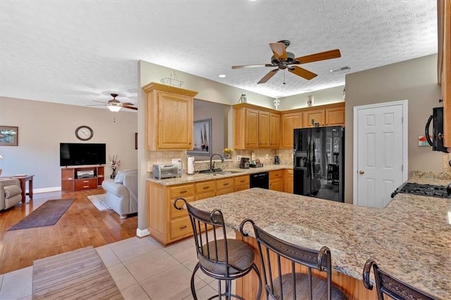 17 Sassafras Trl NE, Cartersville, GA 30121 - kitchen featuring black appliances, a ceiling fan, open floor plan, light countertops, and tasteful backsplash