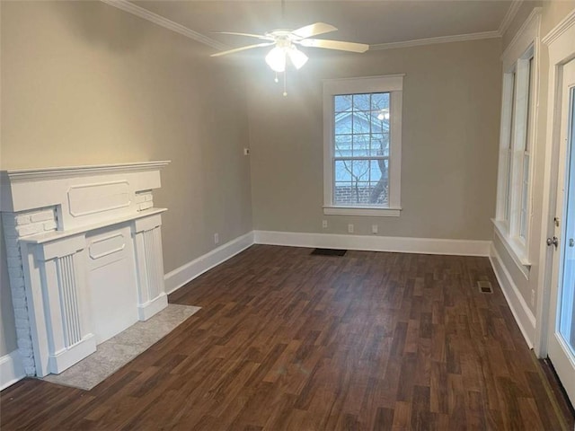 unfurnished living room with crown molding, dark hardwood / wood-style floors, and ceiling fan