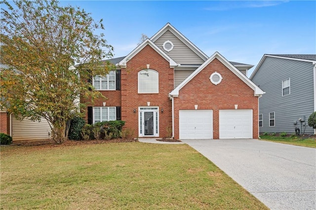 front facade featuring a garage and a front lawn