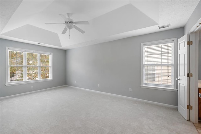 carpeted empty room featuring a tray ceiling, ceiling fan, and a healthy amount of sunlight