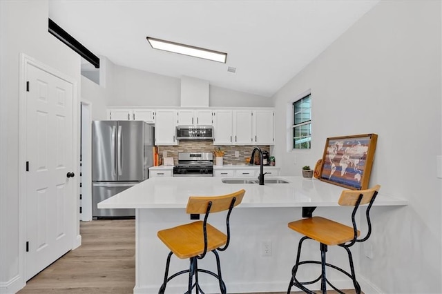 kitchen with a sink, stainless steel appliances, lofted ceiling, and a kitchen breakfast bar