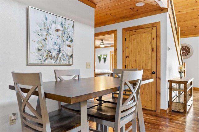 dining area featuring ceiling fan, wooden ceiling, and dark hardwood / wood-style flooring