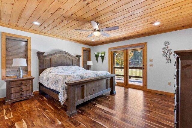 bedroom with access to exterior, wood ceiling, dark hardwood / wood-style floors, and ceiling fan