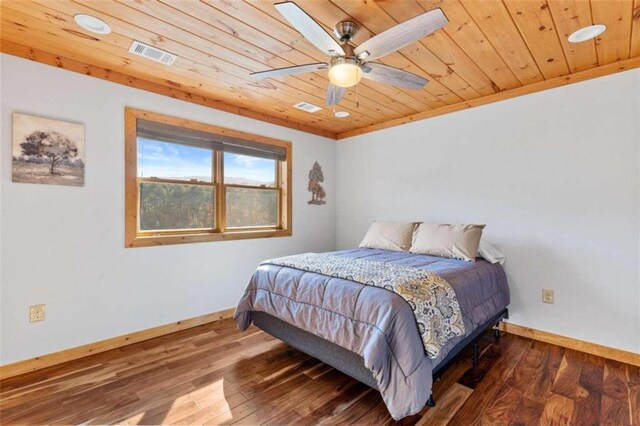 bedroom with wood ceiling, dark hardwood / wood-style floors, and ceiling fan