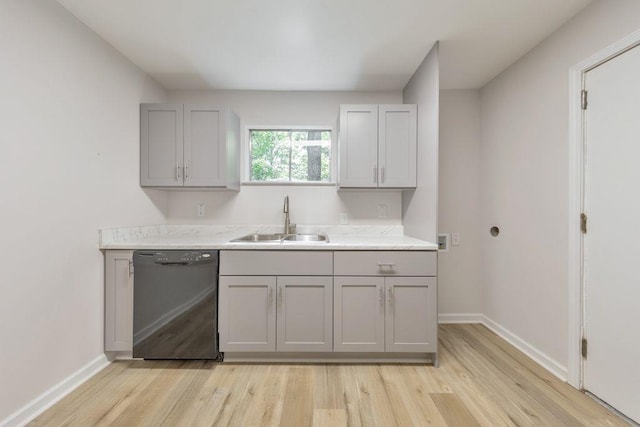 1111 Clairemont Ave Unit N3, Decatur, GA 30030 - kitchen featuring dishwasher, a sink, gray cabinetry, light wood finished floors, and baseboards