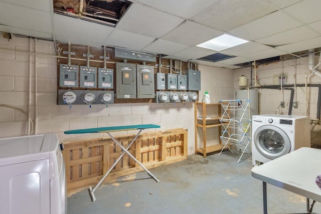 1111 Clairemont Ave Unit N3, Decatur, GA 30030 - laundry room with concrete block wall, independent washer and dryer, and electric panel