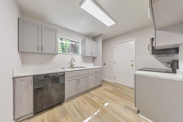 1111 Clairemont Ave Unit N3, Decatur, GA 30030 - kitchen with black dishwasher, a sink, stove, gray cabinets, and light wood-type flooring
