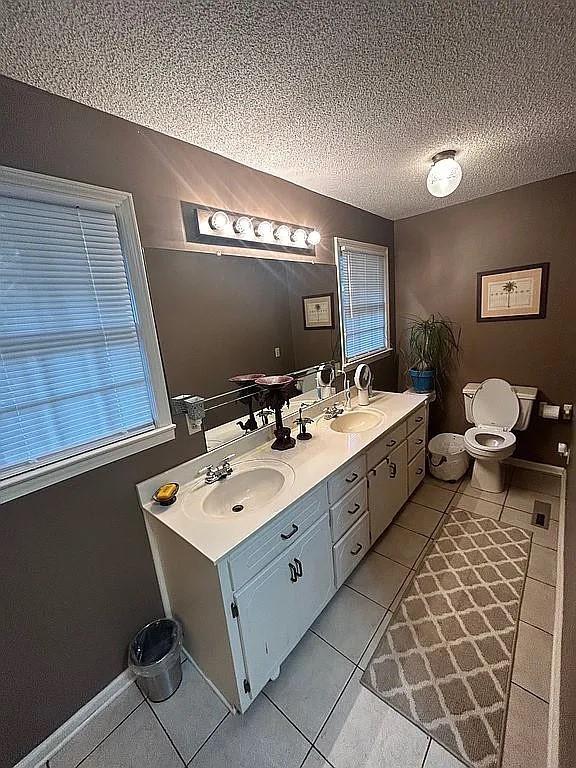 full bath featuring double vanity, plenty of natural light, a textured ceiling, a sink, and tile patterned floors