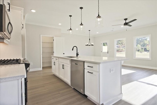 101 Priestwood Ln, Acworth, GA 30102 - kitchen featuring a sink, stainless steel dishwasher, light wood finished floors, a ceiling fan, and healthy amount of natural light