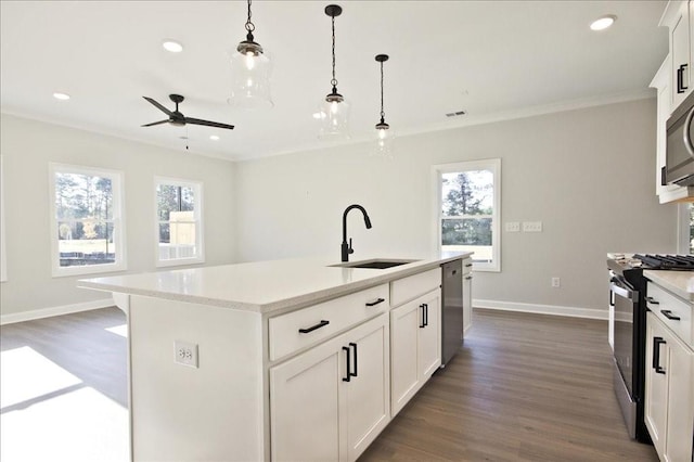 101 Priestwood Ln, Acworth, GA 30102 - kitchen with stainless steel appliances, a sink, baseboards, dark wood finished floors, and ornamental molding