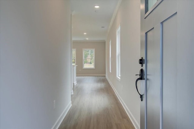 101 Priestwood Ln, Acworth, GA 30102 - corridor with baseboards, wood finished floors, ornamental molding, and recessed lighting