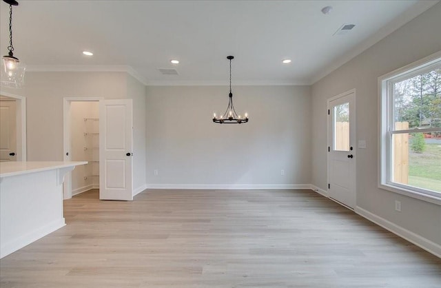 101 Priestwood Ln, Acworth, GA 30102 - unfurnished dining area with ornamental molding, a chandelier, light wood-type flooring, baseboards, and recessed lighting