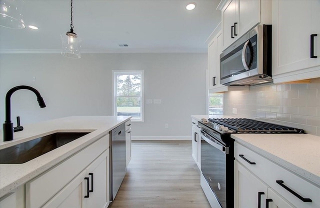 101 Priestwood Ln, Acworth, GA 30102 - kitchen featuring stainless steel appliances, a sink, tasteful backsplash, decorative light fixtures, and light wood finished floors