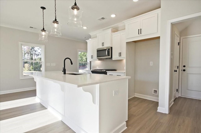 101 Priestwood Ln, Acworth, GA 30102 - kitchen with stainless steel microwave, range, baseboards, a sink, and a kitchen island with sink