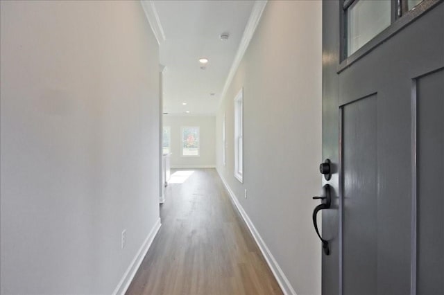 101 Priestwood Ln, Acworth, GA 30102 - hallway featuring ornamental molding, light wood-type flooring, and baseboards