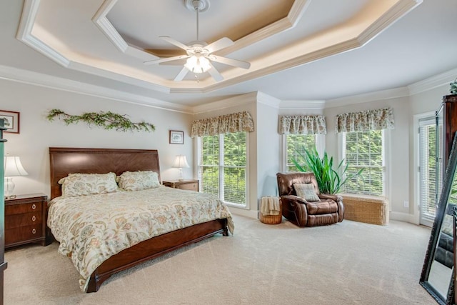 5359 Point S Dr, Gainesville, GA 30504 - bedroom with a tray ceiling, ornamental molding, carpet floors, a ceiling fan, and access to exterior