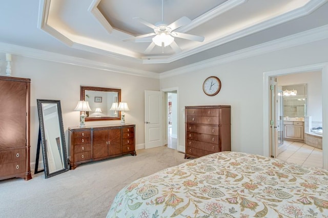 5359 Point S Dr, Gainesville, GA 30504 - bedroom featuring crown molding, a raised ceiling, light colored carpet, connected bathroom, and a ceiling fan