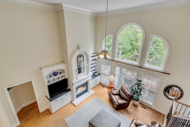 5359 Point S Dr, Gainesville, GA 30504 - living room featuring a towering ceiling, light wood-style floors, ornamental molding, a glass covered fireplace, and ceiling fan