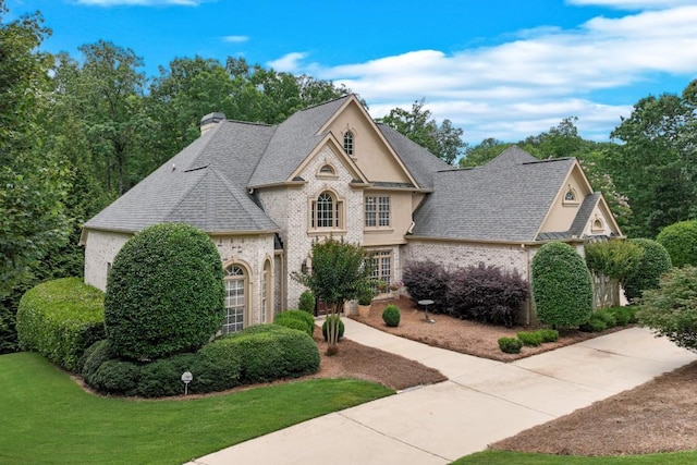 5359 Point S Dr, Gainesville, GA 30504 - french country inspired facade featuring a chimney, brick siding, a front yard, a shingled roof, and stucco siding